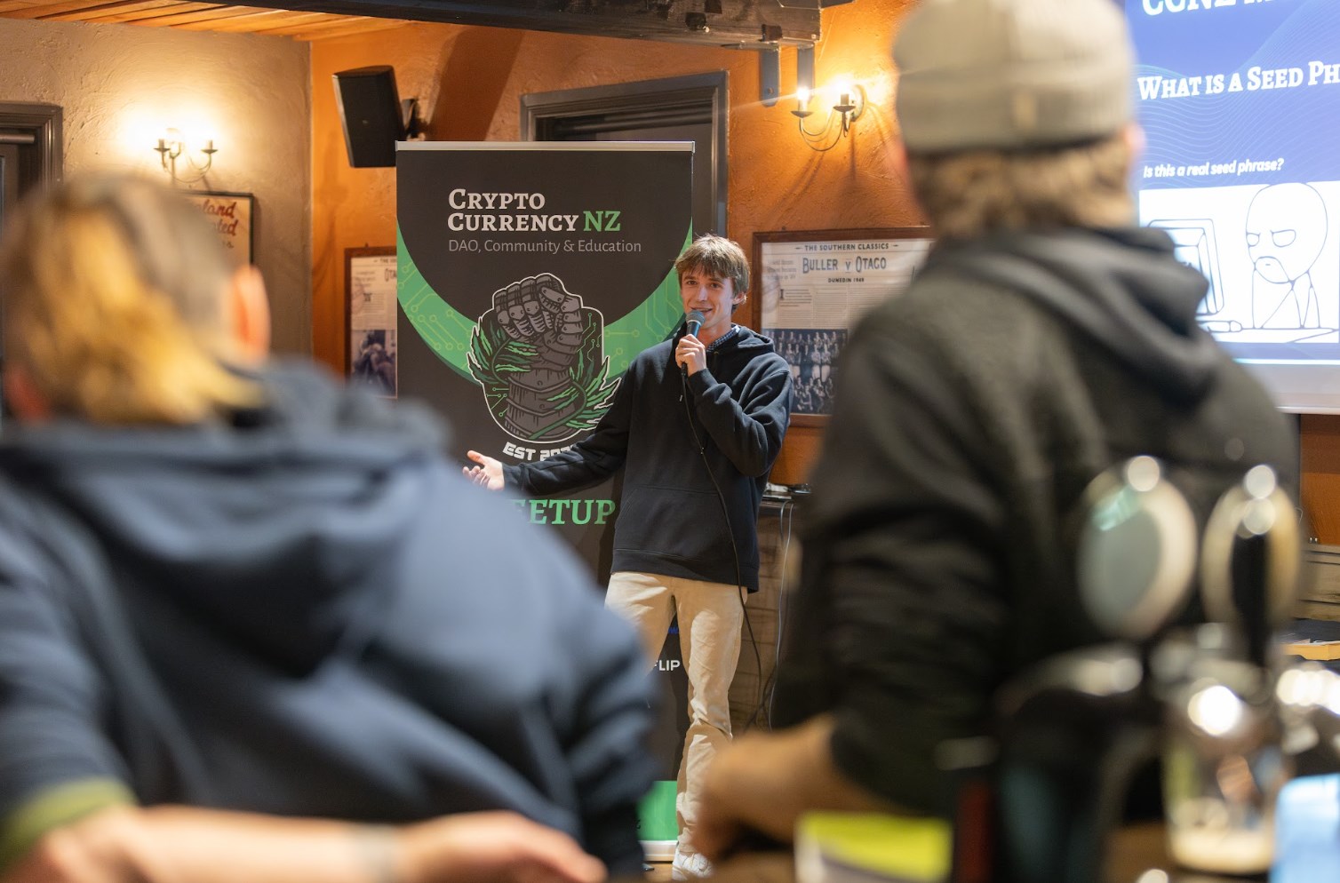 Nicolas Turnbull speaking at Cryptocurrency NZ meetup